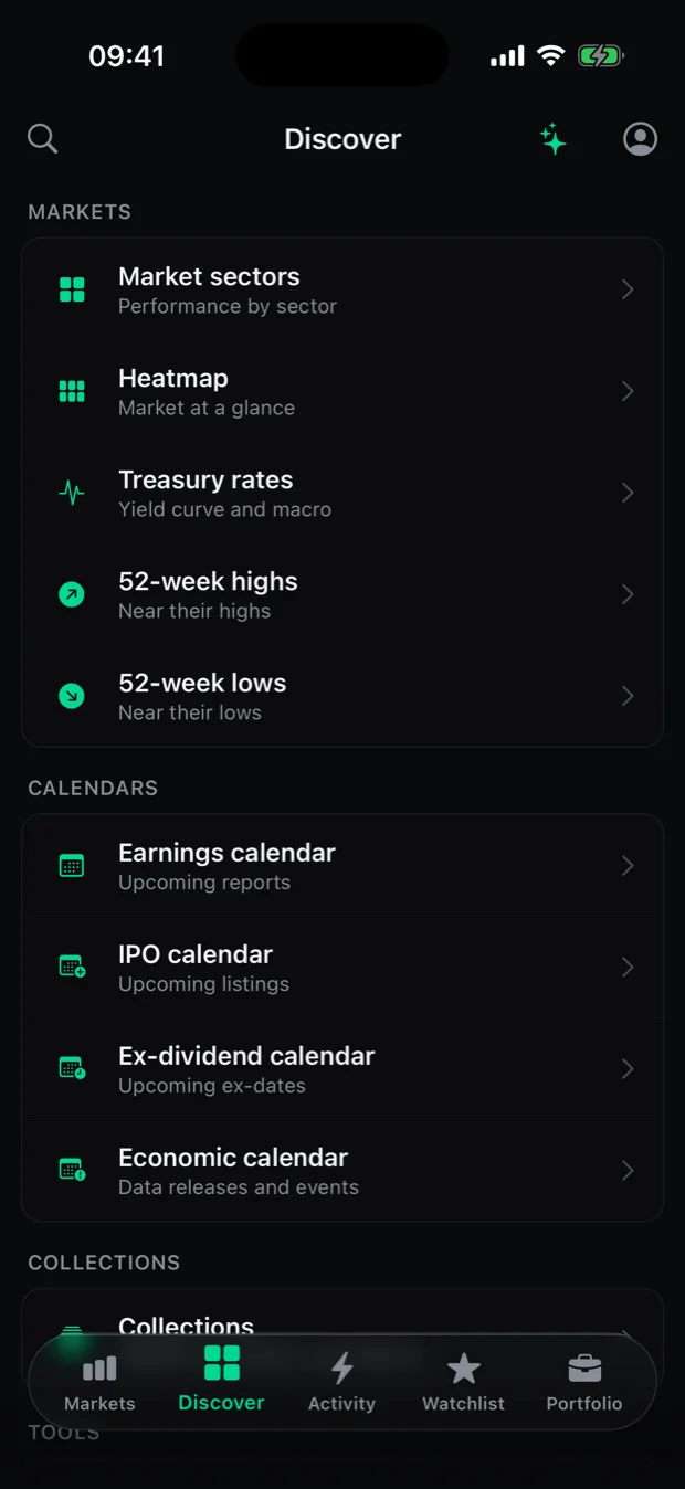 The Discover tab of the StockMarketCap iPhone app listing market sectors, the heatmap, treasury rates and the earnings, IPO and dividend calendars.